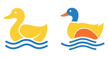 Simple duck vector illustrations floating on blue water waves perfect for children's designs, logos, or summer graphic projects