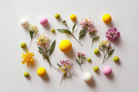 Overhead shot of colorful bath bombs & diverse wildflowers scattered on a clean white surface