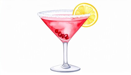 Pink Glamour: A Watercolor Cosmopolitan Cocktail in a Martini Glass, Adorned with a Salted Rim, Pome