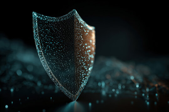 Holographic digital shield icon on abstract tech background with pale gradient center - Powered by Adobe