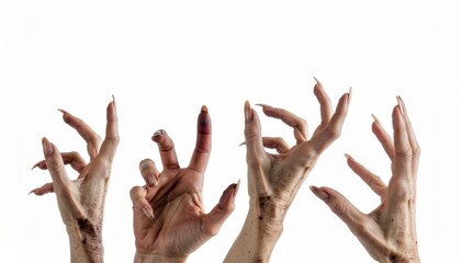 Creepy Zombie Hands with Long Nails Reaching Up Isolated on White Background