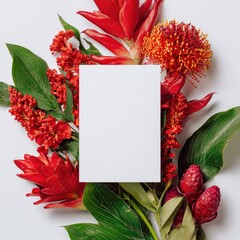 Vibrant tropical flowers and foliage arranged around a blank white card on a white surface