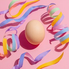 A speckled egg sits amidst colorful, curling ribbons on a smooth, pink surface