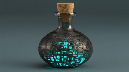 halloween technology concept. Glass bottle with intricate patterns and a cork stopper.