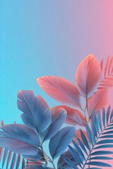 Tropical foliage bathed in neon pink and blue light, gradient background