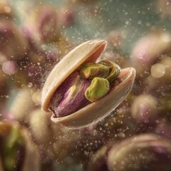 Pistachio in shell, suspended in mid-air, surrounded by other pistachios, bokeh effect