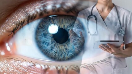 Digital Eye Exam: Doctor with Tablet Screen Over Human Pupil and Iris - Powered by Adobe