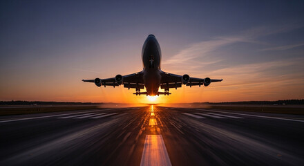 Dramatic silhouette of a passenger airplane taking off against a vibrant sunset sky, symbolizing travel, freedom, and the excitement of new beginnings