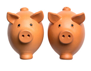 Two terracotta piggy banks, side-by-side, against a black background