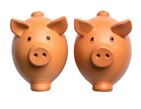 Two terracotta piggy banks, side-by-side, against a black background