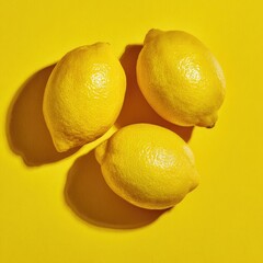 Three vibrant yellow lemons cast long shadows on a matching yellow background