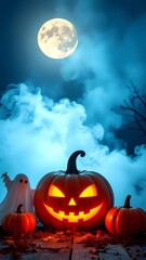 Dramatic Halloween Night Scene with Glowing Pumpkin, Ghost, and Bright Full Moon