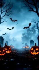 Eerie Halloween Graveyard Path with Glowing Pumpkins, Flying Bats, and Fog