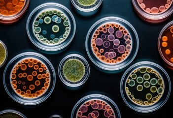 Microbial growth patterns in petri dishes laboratory scientific photography controlled environment aerial view research insights
