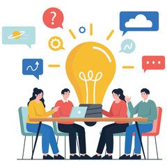 Innovation Illustration. Vector illustration of A diverse team collaborates around a table, sharing thoughts and charts as a giant light bulb symbolizes a new idea. Isolated on background
