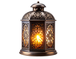 Vintage Ornate Metal Lantern with Intricate Cutouts, Warm Candlelight Glow, Isolated on Transparent Background 