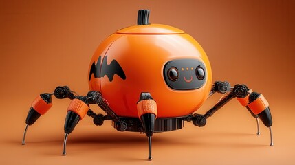 halloween technology concept. A robotic spider designed like a pumpkin with playful features.