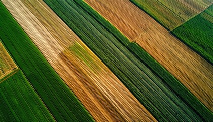 Aerial View of Agricultural Fields in Brown Green and Beige Tones with Diagonal Patterns, Textured Surface, Rows of Crops, Sunlight, Abstract Countryside
