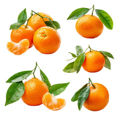  Set of delicious orange fruits with leaves, cut out on a white background