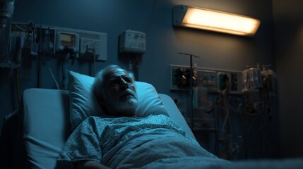 Elderly man resting in hospital bed, under a night light, with medical equipment in the background, for medical stock photography