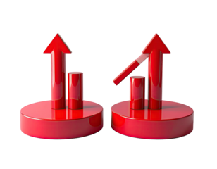 Red 3D bar graphs with upward arrows, one intact, one broken