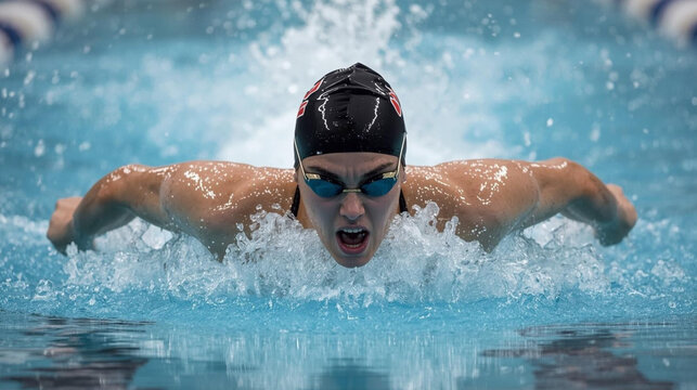 Competitive swimming action indoor pool sports photography dynamic environment athlete perspective fitness inspiration - Powered by Adobe