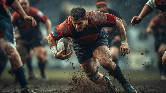 Intense rugby match action outdoor field sports photography muddy environment close-up view athletic endeavor