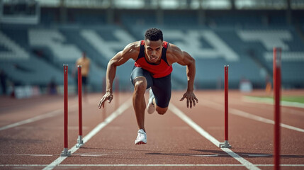 Athlete competing in hurdles race track field stadium sports action outdoor environment dynamic perspective