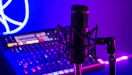 Studio Microphone and Audio Mixer Setup with Neon Lighting