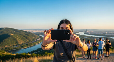 A young woman uses her smartphone to capture a scenic view of a river and cityscape from a hilltop, surrounded by fellow travelers