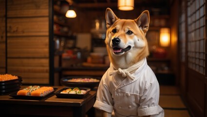 Adorable Shiba Inu Chef Sitting At Sushi Restaurant Table In Traditional Setting