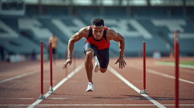 Athlete competing in hurdles race track field stadium sports action outdoor environment dynamic perspective