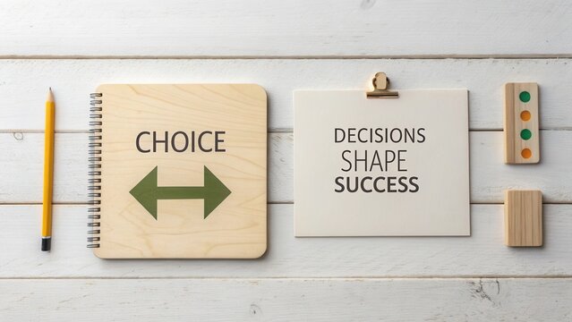 Choice and Decision-Making Concept on a Wooden Table with Notepad and Blocks Representing Success Strategies - Powered by Adobe