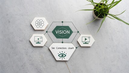 Innovative Vision Concept with Hexagonal Design and Symbols Representing Clarity, Technology, and Connections