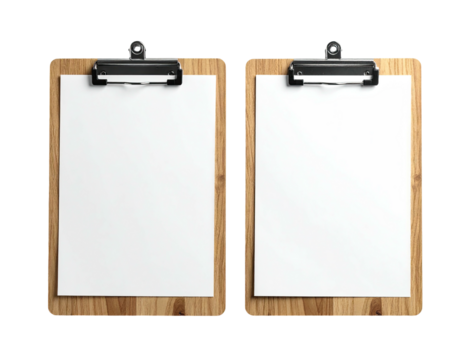 Two wooden clipboards with blank white paper