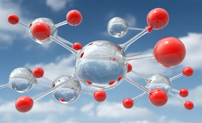 Molecular structure with red spheres and clear connecting rods against a blue sky
