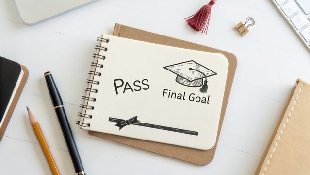 Creative Graduation Notes with Sketch of Cap and Goal on Table Decorated with Stationery and Writing Tools