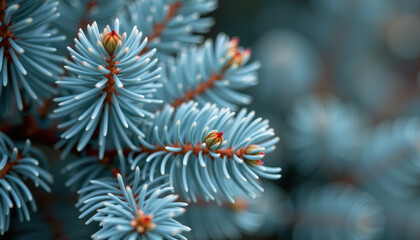 Blue spruce needle evergreen branch conifer closeup soft focus macro frosty blue foliage winter nature