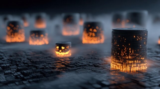halloween technology concept.. Abstract digital cityscape with glowing elements and foggy atmosphere.