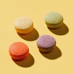 Obraz premium Four colorful, round objects with textured surfaces cast shadows on a yellow background