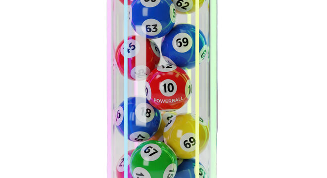 Close-up of colorful lottery balls in a transparent container against a greenscreen background.