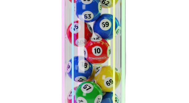 Close-up of colorful lottery balls in a transparent container against a greenscreen background.