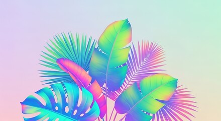 Holographic Tropical Leaves on Pastel Gradient Background.