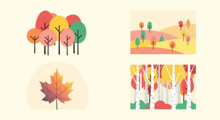 Flat Minimal Autumn Vector Set – Modern Pastel Forest, Abstract Rolling Hills, Colorful Trees & Gradient Maple Leaf Poster Design