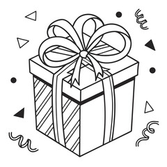 A black and white illustration of a gift box with a large bow and ribbons surrounded by confetti and streamers