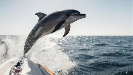 Obraz premium A playful dolphin leaping from the water, close to a boat