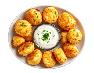 Appetizer of cheesy bites with dip