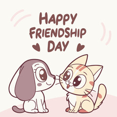 Cute cartoon dog and cat celebrating happy friendship day with hearts and playful swirls in a soft pastel color palette