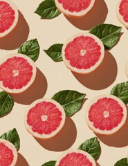 Patterned overhead shot showcasing sliced, vibrant grapefruit halves and green leaves on a tan surface