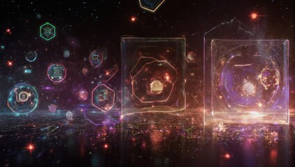 Obraz premium Abstract digital illustration of glowing, translucent boxes with holographic symbols